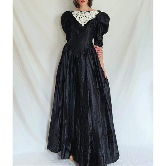 1980s Vintage Black Satin Puff Sleeve Prom Dress: Gothic Formal Gown, Womens M - Picture 1 of 13
